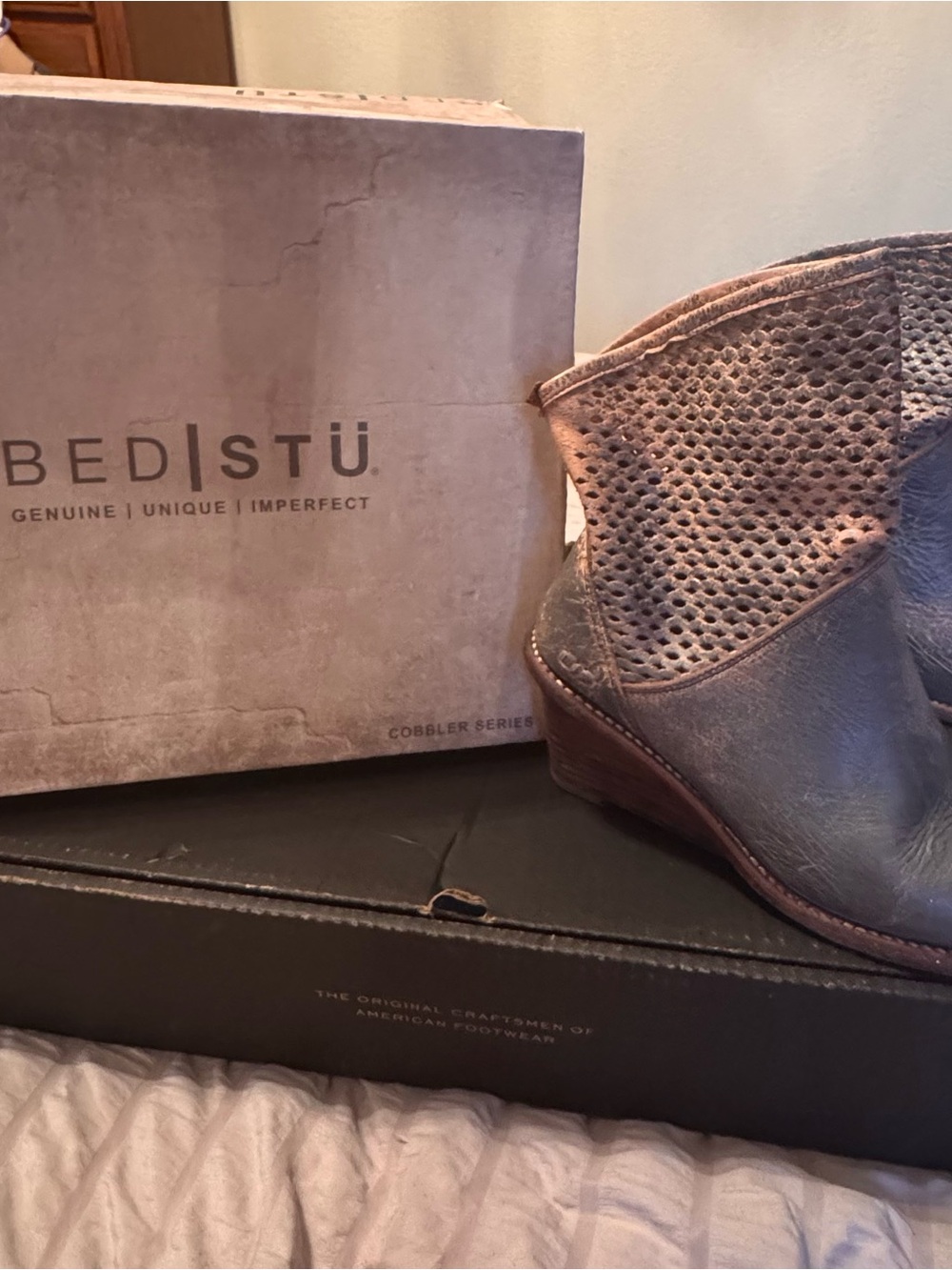 BED|STU Perforated Leather Wedge Ankle Boot - smoke grey